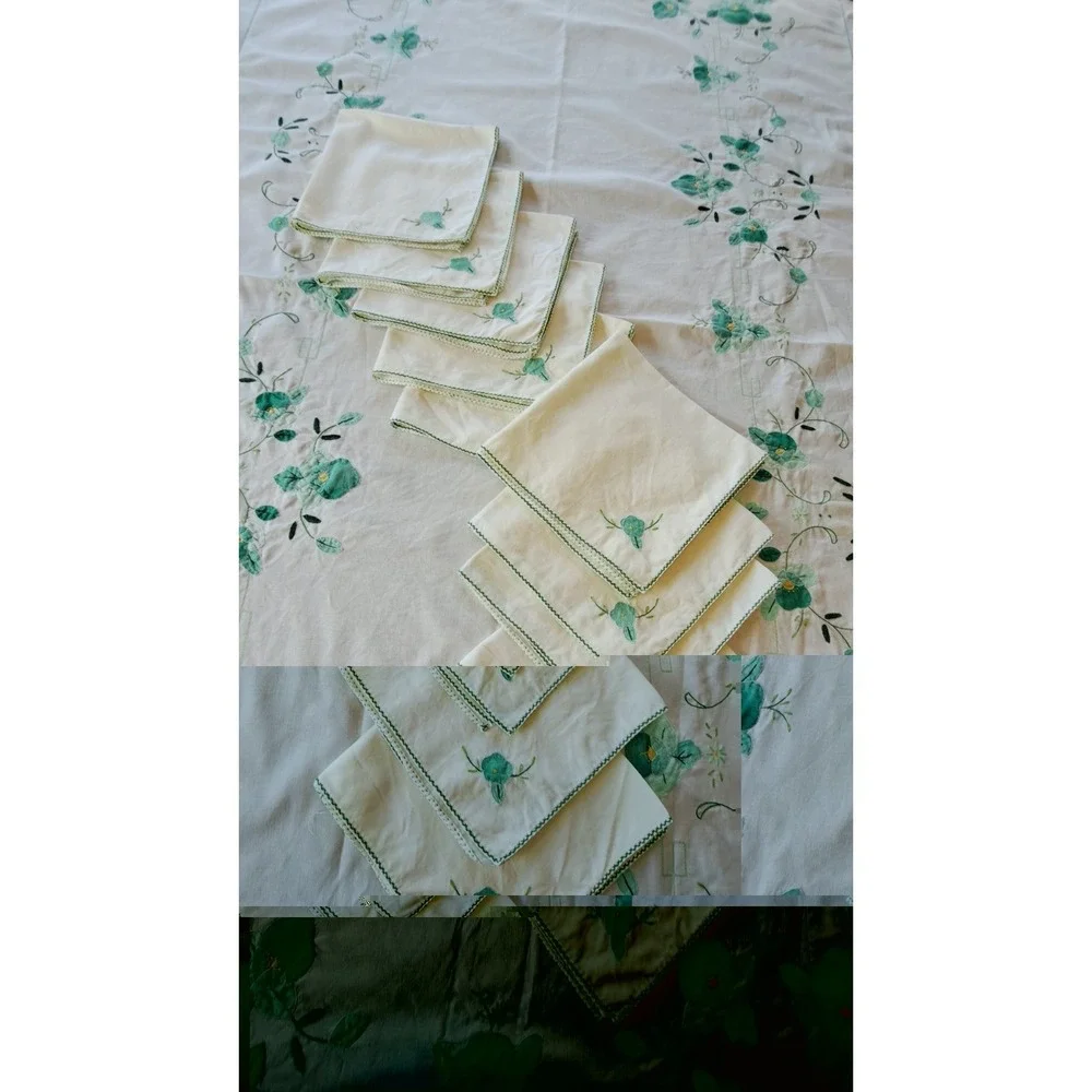 VTG Cotton White Applique-Embroidered Tablecloth 100 X 66 Inches And 10 Napkins